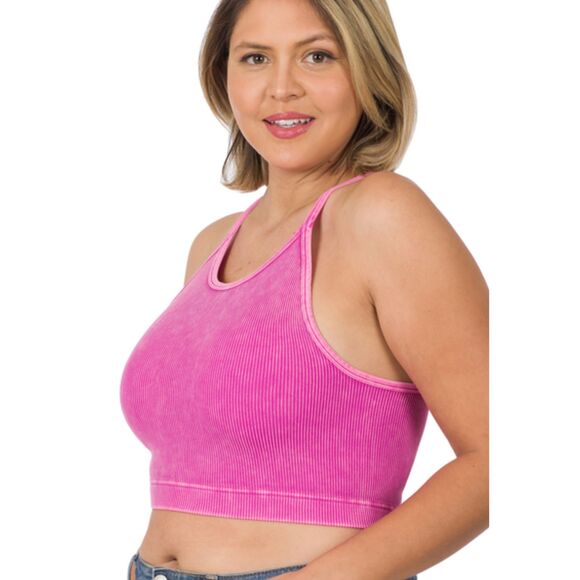 NEW Zenana Womens Plus 1X 2X Sports Bra Cami Tank Pink Washed Ribbed - Picture 1 of 4